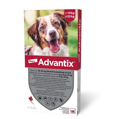 4ampullánként : Advantix spot-on kutyákra 4ml , (10-25kg kutyákra ) , 1db pipetta , illusztrációs fotó , macskákra tilos rakni .