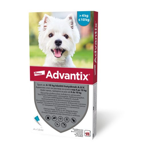 4ampullánként : Advantix spot-on kutyákra 4ml , (4-10kg kutyákra ) , 1db pipetta , illusztrációs fotó , macskákra tilos rakni .