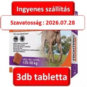   FRONTPRO® rágótabletta kutyáknak (>25–50 kg) 136 mg; 3db tabletta , Termék szavatosság : 2026.07.28