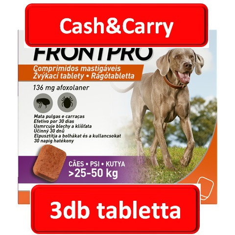  FRONTPRO® rágótabletta kutyáknak (>25–50 kg) 136 mg; 3db tabletta , Termék szavatosság : 2028.03.30