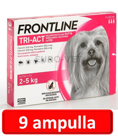 3 doboz : Frontline Tri-Act rácsepegtető oldat 2-5 kg-os kutyáknak (3 ampulla) ( macskákra nem rakható )