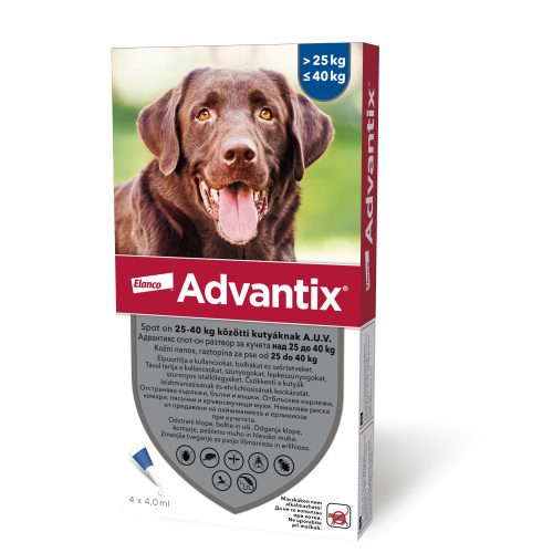 4ampullánként : Advantix spot-on kutyákra 4ml , (25-40kg kutyákra ) , 1db pipetta , illusztrációs fotó , macskákra tilos rakni .