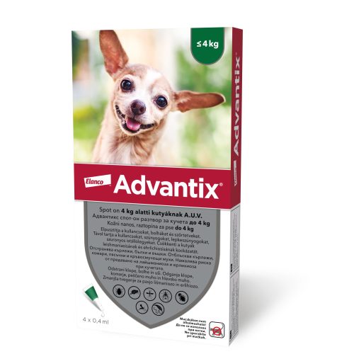 4ampullánként : Advantix spot-on kutyákra 4ml , ( 4kg alatti kutyákra ) , 1db pipetta , illusztrációs fotó , macskákra tilos rakni .