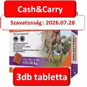   Cash&Carry : FRONTPRO® rágótabletta kutyáknak (>25–50 kg) 136 mg; 3db tabletta , Termék szavatosság : 2026.07.28