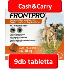   3doboz : FRONTPRO® rágótabletta kutyáknak (>4–10 kg) 28,3 mg; 3db tabletta , Termékszavatosság : 2028.03