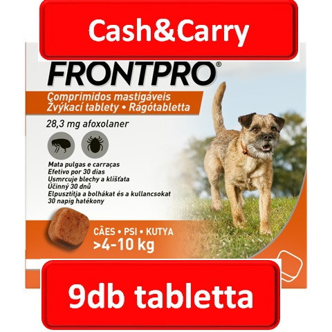 3doboz : FRONTPRO® rágótabletta kutyáknak (>4–10 kg) 28,3 mg; 3db tabletta , Termékszavatosság : 2028.03