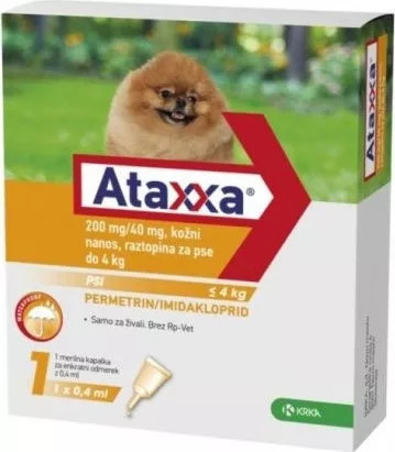 Ataxxa 200mg/40mg rácsepegtető oldat kutyára 4kg-ig 1db ampulla ( Tilos macskára rakni ) , Termék szavatosság: 2026.11.30